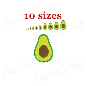 May include: A digital embroidery design of an avocado in 10 different sizes. The avocado is green with a brown pit.