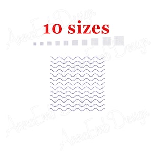 May include: A white background with a navy blue wavy pattern. The text "10 sizes" is in red at the top. There are several smaller versions of the wavy pattern above the larger one.