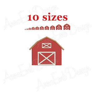 May include: Red barn embroidery design with 10 different sizes. The barn has a white door and a white window.