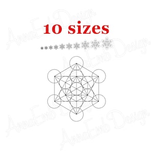 May include: A black and white geometric design featuring the Metatron's Cube, with the text "10 sizes" in red. The image shows the Metatron's Cube in various sizes, suitable for spiritual or artistic applications.