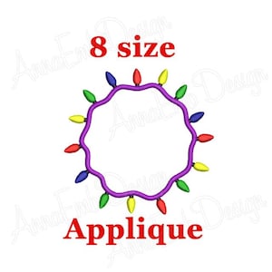 Puede incluir: Una cadena de luces de Navidad de color morado con bombillas de colores en forma de c&iacute;rculo. El texto "8 size applique" est&aacute; debajo de las luces.