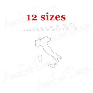 May include: A line drawing of the outline of Italy in 12 different sizes. The text "12 sizes" is written in red at the top of the image.