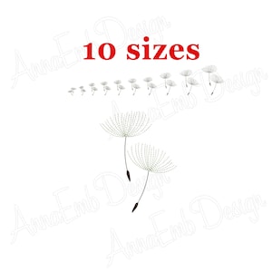 May include: A digital embroidery design of 10 different sizes of dandelion seeds blowing in the wind. The design is in black and white.