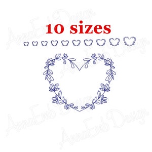 May include: A blue outline of a heart wreath with floral details. The text "10 sizes" is in red above the wreath.