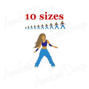 Pode incluir: Um design de bordado digital de uma mulher com um top azul e calças de ganga azuis, a dançar. O design está disponível em 10 tamanhos.