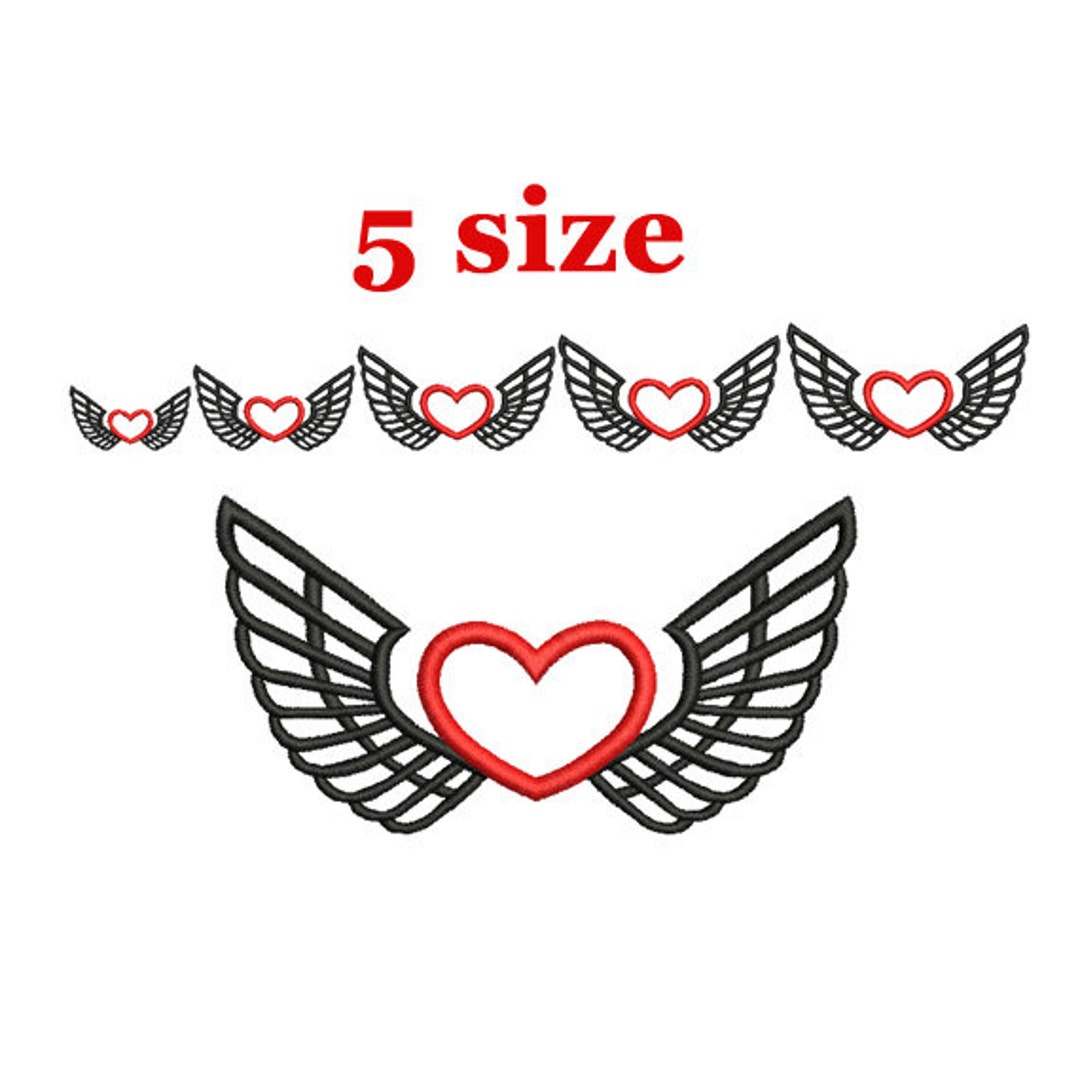 Winged Heart Embroidery Design. Heart With Wings. Angel Wings