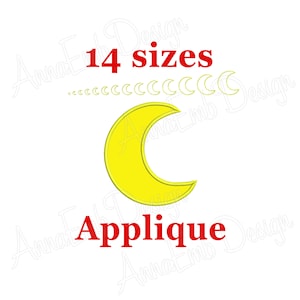 May include: A yellow crescent moon applique embroidery design with the text "14 sizes" and "Applique" in red.