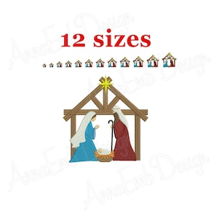 May include: A digital embroidery design of a nativity scene with Mary, Joseph, and baby Jesus in a manger. The design includes a star above the manger and is available in 12 sizes.
