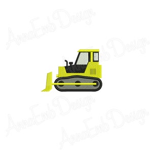 May include: A yellow bulldozer with black tracks and a black cab. The bulldozer has a large blade in front.