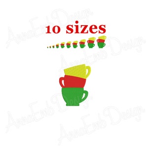 May include: A set of 10 embroidery designs of stacked mugs in various sizes. The mugs are green, red, and yellow.