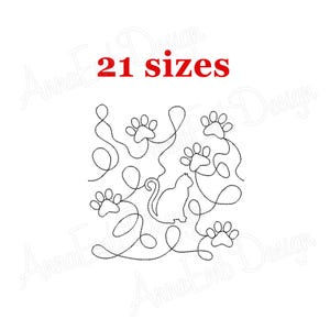 May include: A white background features a black line drawing of a cat, paw prints, and swirling lines. The text "21 sizes" is in red at the top. The design is likely for embroidery or quilting.