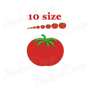 May include: Embroidery design of a red tomato with green leaves. The design comes in 10 different sizes.