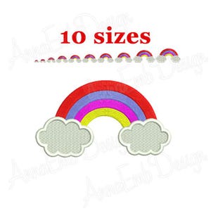 Op de afbeelding: Borduurontwerp met regenboog en wolken. De regenboog heeft rode, paarse, roze, gele en blauwe strepen. Het ontwerp is verkrijgbaar in 10 maten.