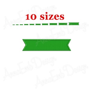 May include: Green banner with pointed ends. The text "10 sizes" is in red above the banner.