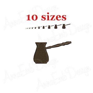 May include: Embroidery design of a brown Turkish coffee pot with a wooden handle. The design is available in 10 sizes.
