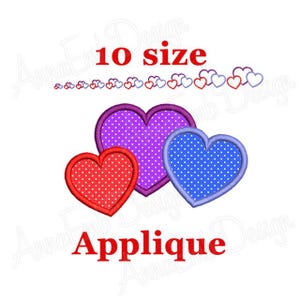 Puede incluir: Tres corazones bordados en rojo, morado y azul con lunares blancos. Los corazones están superpuestos. El texto "10 size applique" está encima de los corazones.