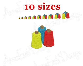 May include: An embroidery design of three spools of thread in yellow, blue, and red. The design is available in 10 sizes.
