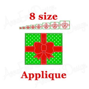 May include: Green and white polka dot gift box with a red ribbon and bow. The image shows 8 different sizes of the design. The text "8 size applique" is below the image.