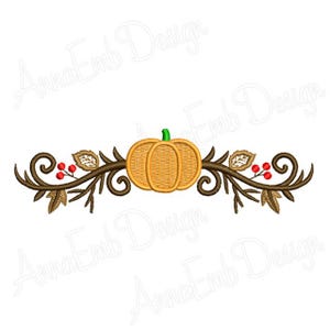 May include: An orange pumpkin with a green stem sits in the center of a brown twig and leaf design. The design includes red berries and brown leaves.