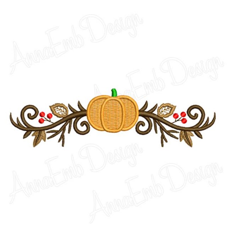 May include: An orange pumpkin with a green stem sits in the center of a brown twig and leaf design. The design includes red berries and brown leaves.