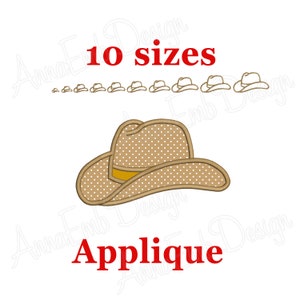 May include: A brown cowboy hat applique with white polka dots and a yellow band. The applique is available in 10 sizes.