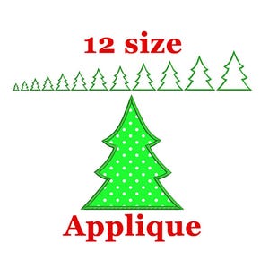 May include: 12 sizes of green Christmas tree applique designs with white polka dots. The text "Applique" is written in red below the largest tree.