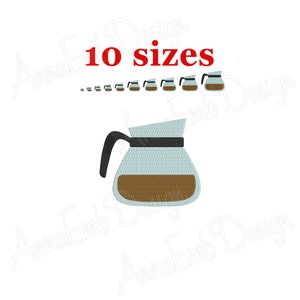 May include: A digital embroidery design of a coffee pot with 10 different sizes. The design is in shades of brown, black, and blue.