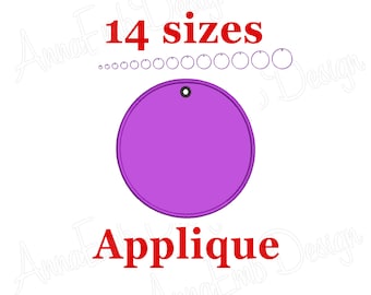 May include: A purple applique design with a circular shape and a small hole at the top. The text "14 sizes" is above the design, and the word "Applique" is below it. The design is set against a white background.