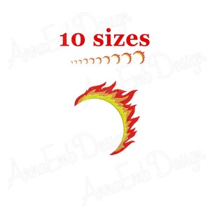 May include: A digital embroidery design of a yellow and red flame arc. The design is available in 10 sizes.