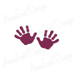 May include: Two pink handprints, one above the other, on a white background.