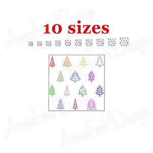 May include: A set of 10 different sized Christmas tree embroidery designs. The trees are outlined in various colors, including red, green, blue, yellow, and purple. The designs are perfect for adding a festive touch to your holiday projects.