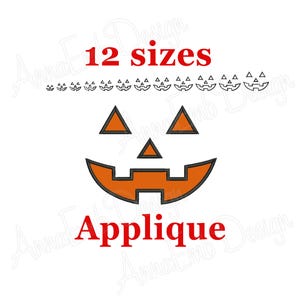 May include: An orange jack-o'-lantern applique design with a black outline, featuring triangular eyes and a toothy grin. The text "12 sizes" is above the design, and "Applique" is below it, all in red.
