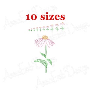 May include: Embroidery design of a pink and white coneflower with green leaves. The design is available in 10 sizes.