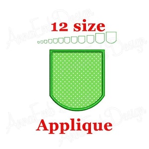 May include: Green appliqué with white polka dots. The appliqué is shaped like a shield with a rounded bottom. The text "12 size" and "Appliqué" is in red.