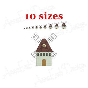 May include: An image of a windmill design in various sizes. The main windmill has a brown roof, white walls, and a wooden door. The text "10 sizes" is displayed in red at the top of the image. The windmill blades are black.