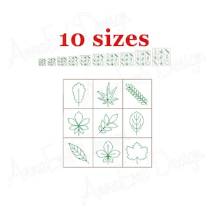 May include: A white background with the text "10 sizes" in red. Below, nine green leaf designs are arranged in a grid. Above the grid, there are ten smaller grids with various leaf patterns.