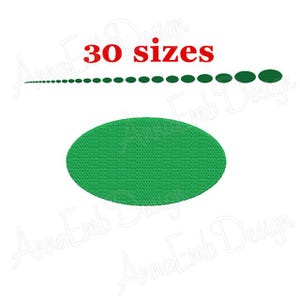 May include: Green oval embroidery design with 30 sizes available. The design is shown in the largest size.