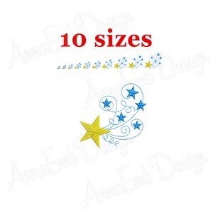 May include: A yellow star with a blue swirl design. The design includes multiple blue stars. The text "10 sizes" is in red.