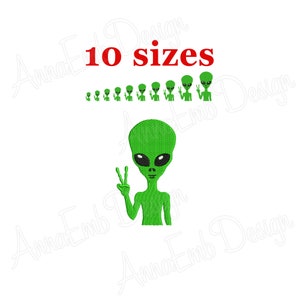 May include: Green alien with peace sign embroidery design. 10 sizes included.