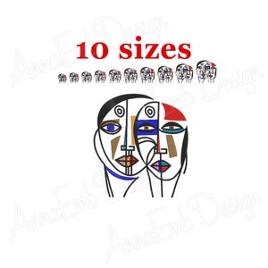 May include: Machine embroidery design of two abstract faces with geometric shapes and colorful details. The design is available in 10 sizes.