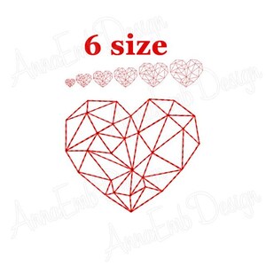 May include: Geometric heart embroidery design in red, available in six sizes.  The design features a heart shape made up of many small triangles.