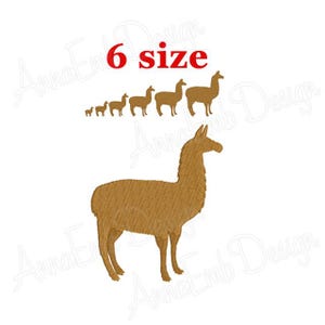 May include: Six different sizes of llama silhouette embroidery designs. The largest llama is brown and is shown in profile. The text "6 size" is in red.