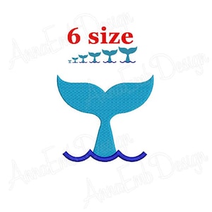 May include: Embroidery design of a blue whale tail with six different sizes, the largest tail is in the water. The text "6 size" is above the tails.
