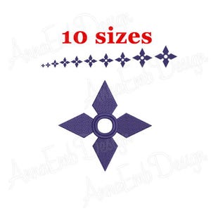 May include: A purple four-pointed star with a circle in the center. The image shows 10 sizes of the star.