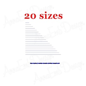 May include: A white background with the text "20 sizes" in red. There are 20 horizontal lines in blue, decreasing in size from top to bottom, forming a triangle shape. A single blue line is at the bottom of the image.