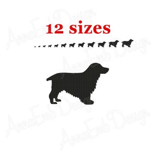 May include: Black silhouette of a Cocker Spaniel dog in 12 different sizes. The dog is facing to the right. The text "12 sizes" is in red.