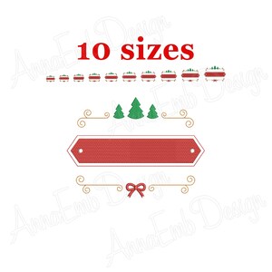 May include: A red and green Christmas banner with a red banner with a white outline and three green Christmas trees. The banner is surrounded by gold swirls and a red bow. The text "10 sizes" is above the banner.
