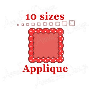 May include: Red applique with white polka dots. The applique is a square with rounded corners and a scalloped edge. The text "10 sizes" and "Applique" are also included in the image.