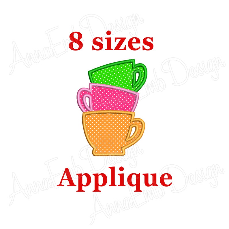 Tea Cups Embroidery Applique Design. 3 tea cups Embroidery Design. Three teacups embroidery design. Tea time design. Stacked Teacups. image 1