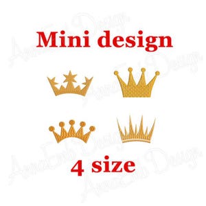May include: Four different designs of gold crowns, each in four sizes. The text "Mini design" and "4 size" are in red.